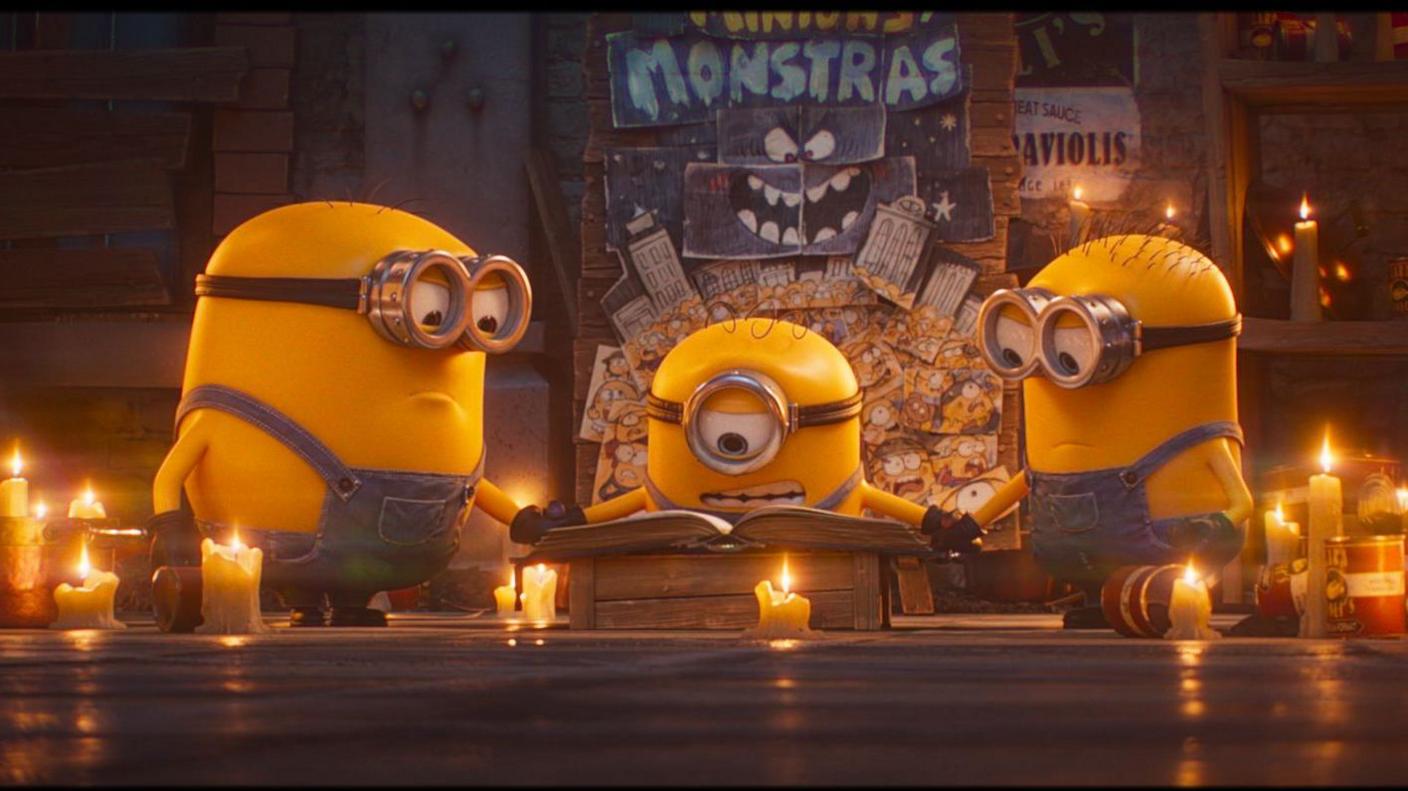 Scene showing 3 minions conjuring up a monster from Minions & Monsters (2026).