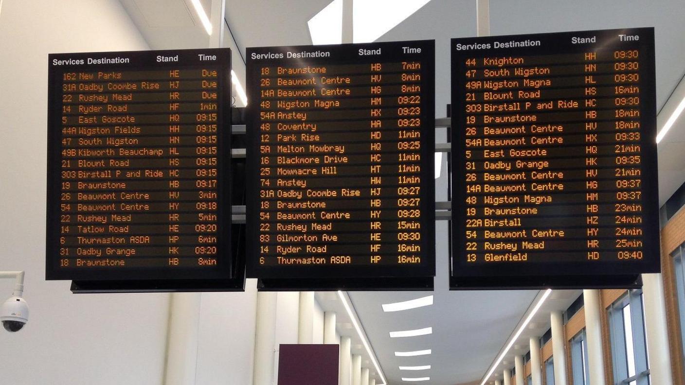 A sign of the times! A bank of digital screens showing when services are leaving the bus station