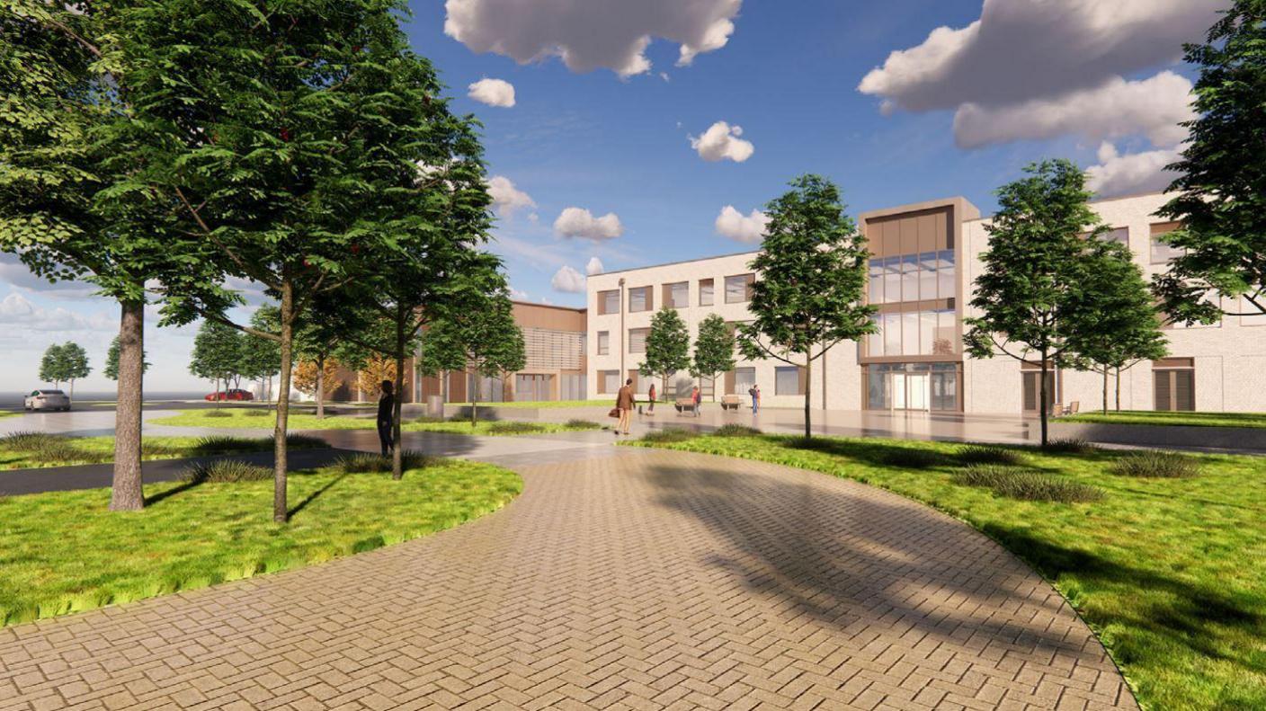 An illustrative image of the proposed new secondary school. It is a white building with a herringbone brick path up to the entrance.