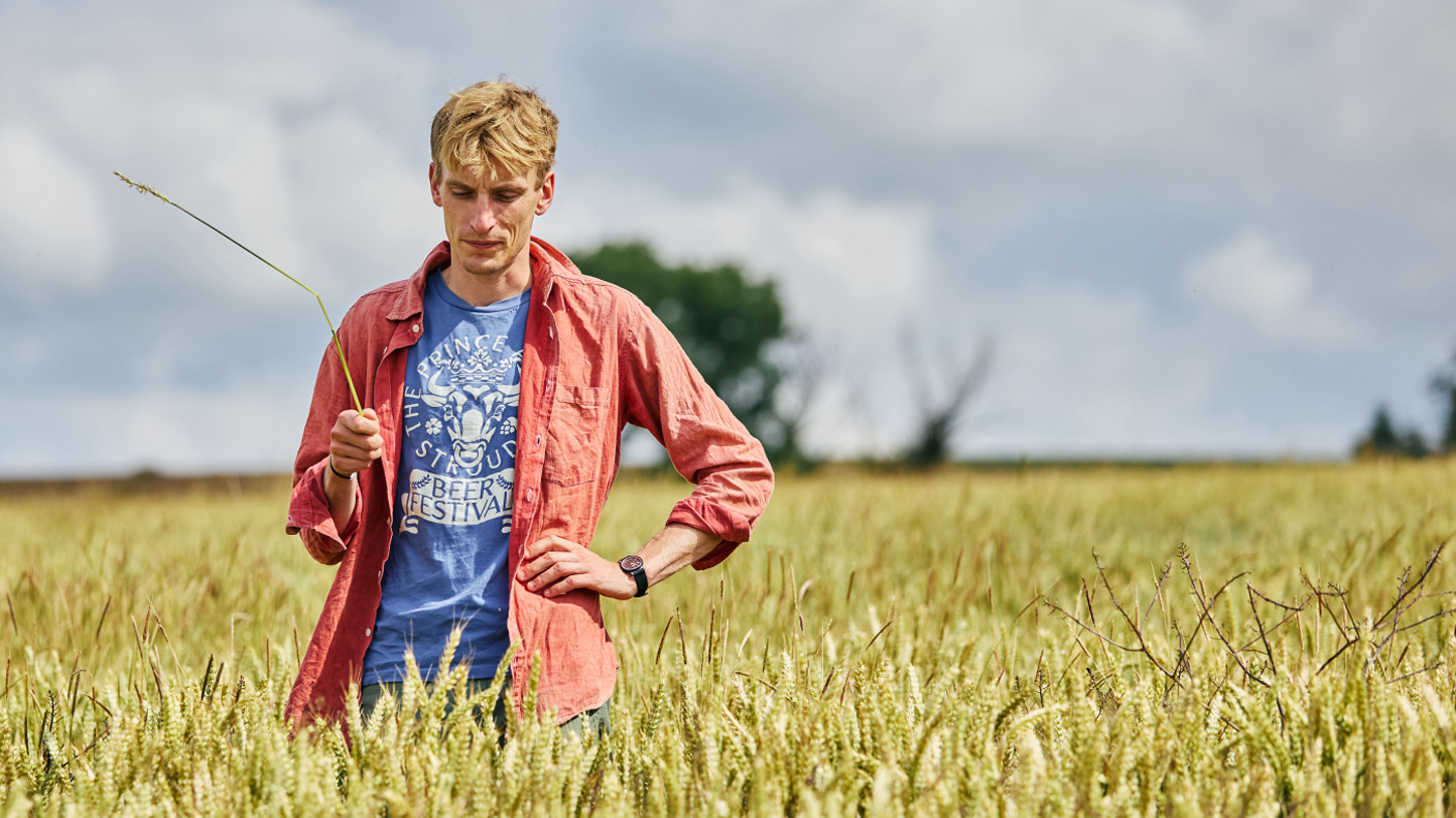 Charlie Cooper stands in a field of tall grass, holding a blade of it, as he looks down. He is wearing a blue T-shirt with a white Stroud Beer Festival logo on and a dusky reddirt over y pink shthe top. There are trees in the hedgerow behind.