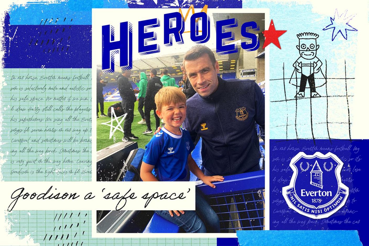 Everton fan Harry with defender Seamus Coleman at Goodison Park