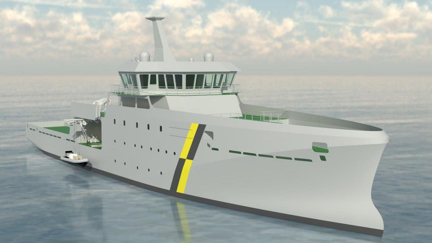 A grey ship on the water. It has a yellow and black strip on its side