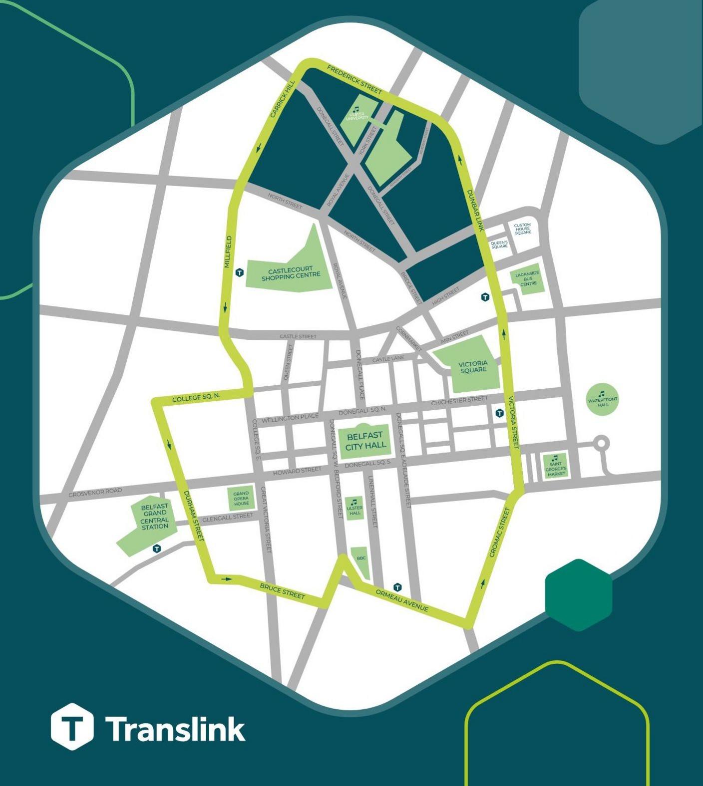 a graphic map of Belfast city centre featuring a yellow loop indicating a continuous shuttle bus service route.