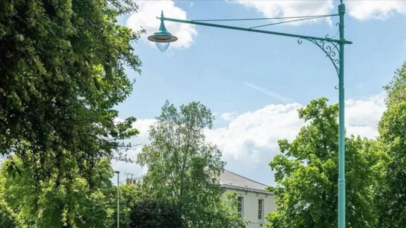 A historic street light in front of houses and bushes on the pavement of a road. 