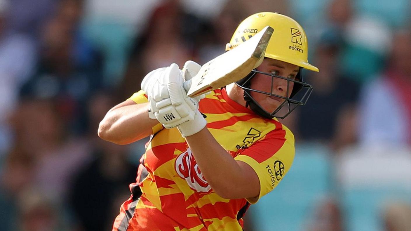 Trent Rockets batter Grace Scrivens looks at the ball after playing a shot during a Hundred match