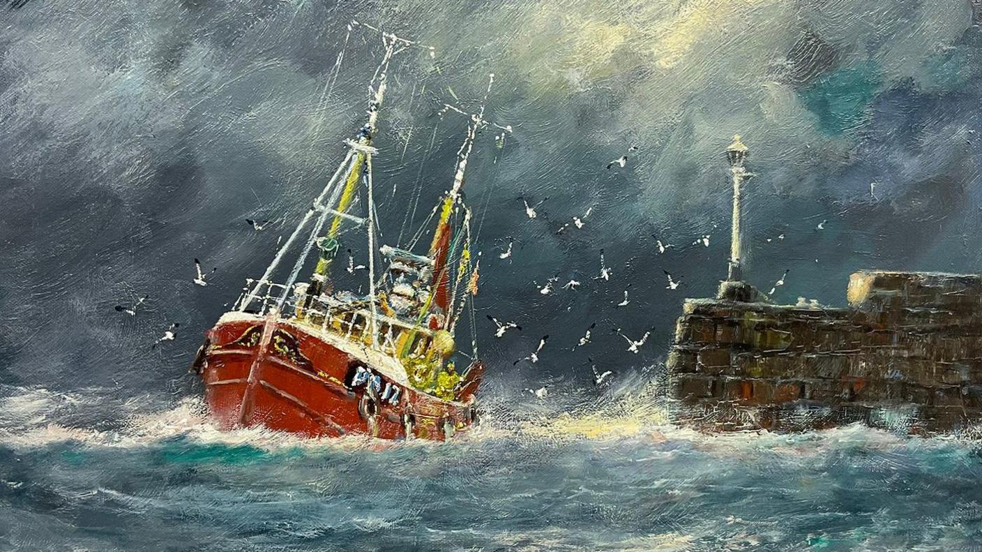 An oil painting of a red ship rocking at sea, a short distance away from a brick pier with a Victorian lamppost perched on the edge