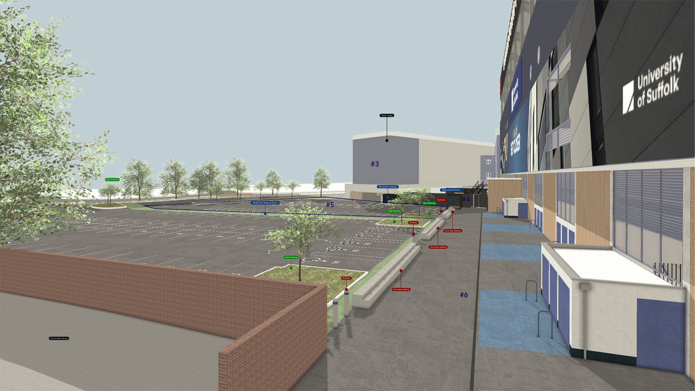 A CGI image of a car park area outside Portman Road stadium in Ipswich. The animated image shows an empty car park with some trees dotted throughout it. Another building can be seen in the distance.