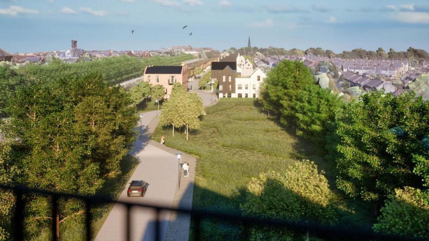 An artist impression of the new development, showing birds-eye view of new homes, a road with a grey car driving along it and trees and green space. 