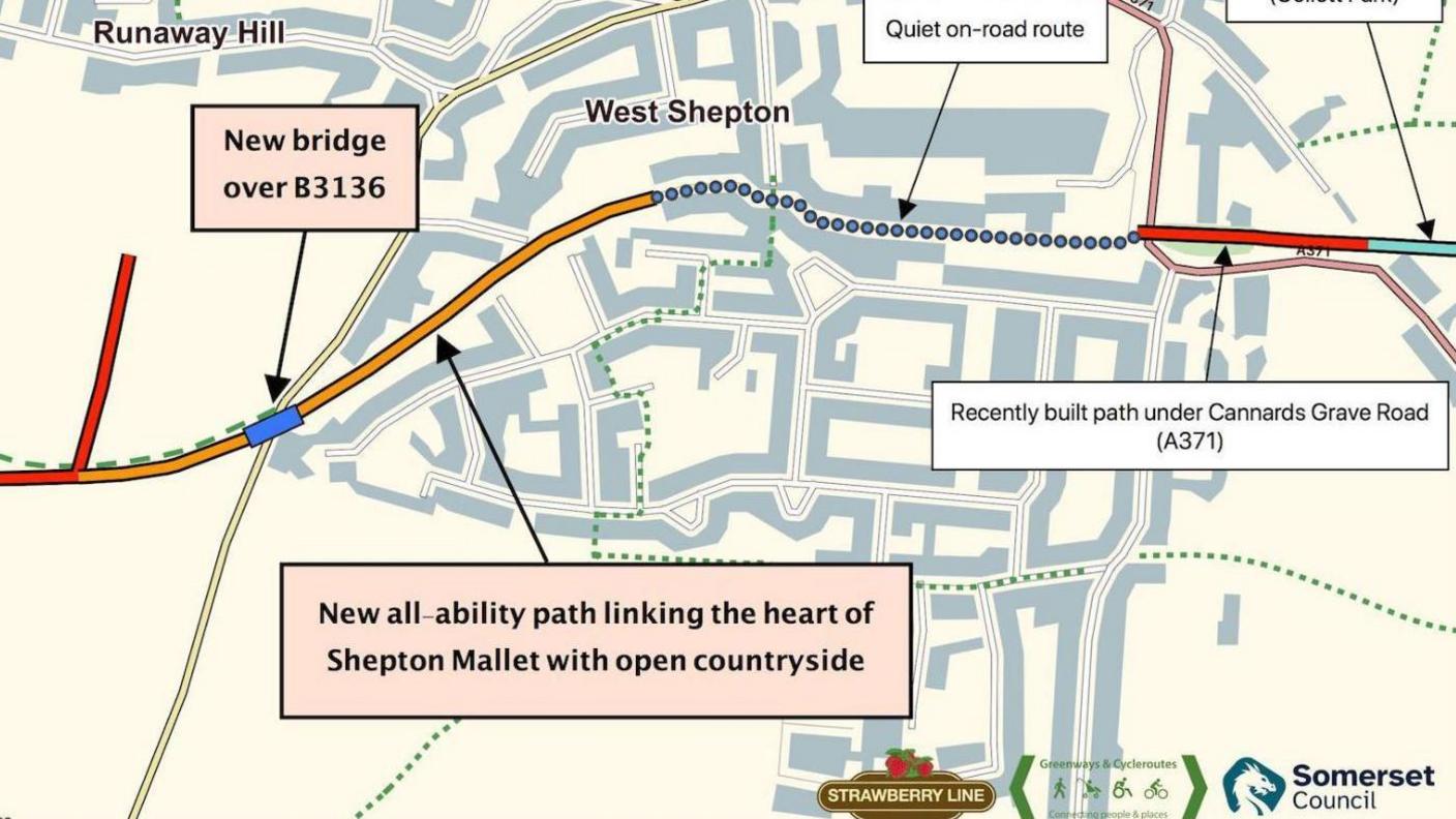 Map showing the strawberry line in West Shepton in Somerset