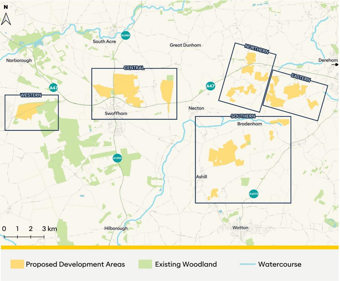 Map showing the five areas which would have solar panels covering them to make up the High Grove solar farm. They cover land around Ashill, Necton, Dereham and Swaffham.