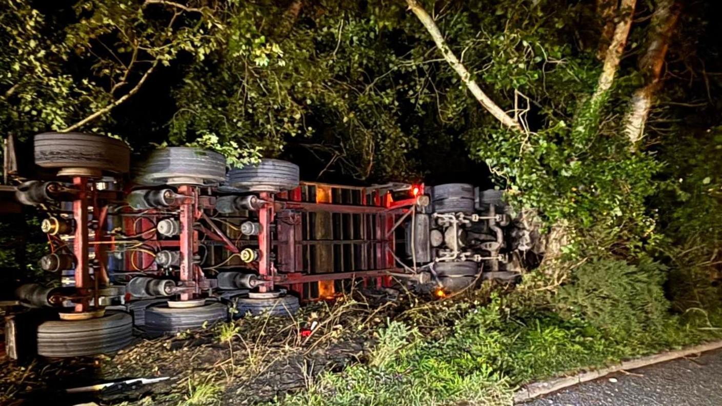 Underneath and wheels of lorry on its side wedged in undergrowth and trees at the side of a road.