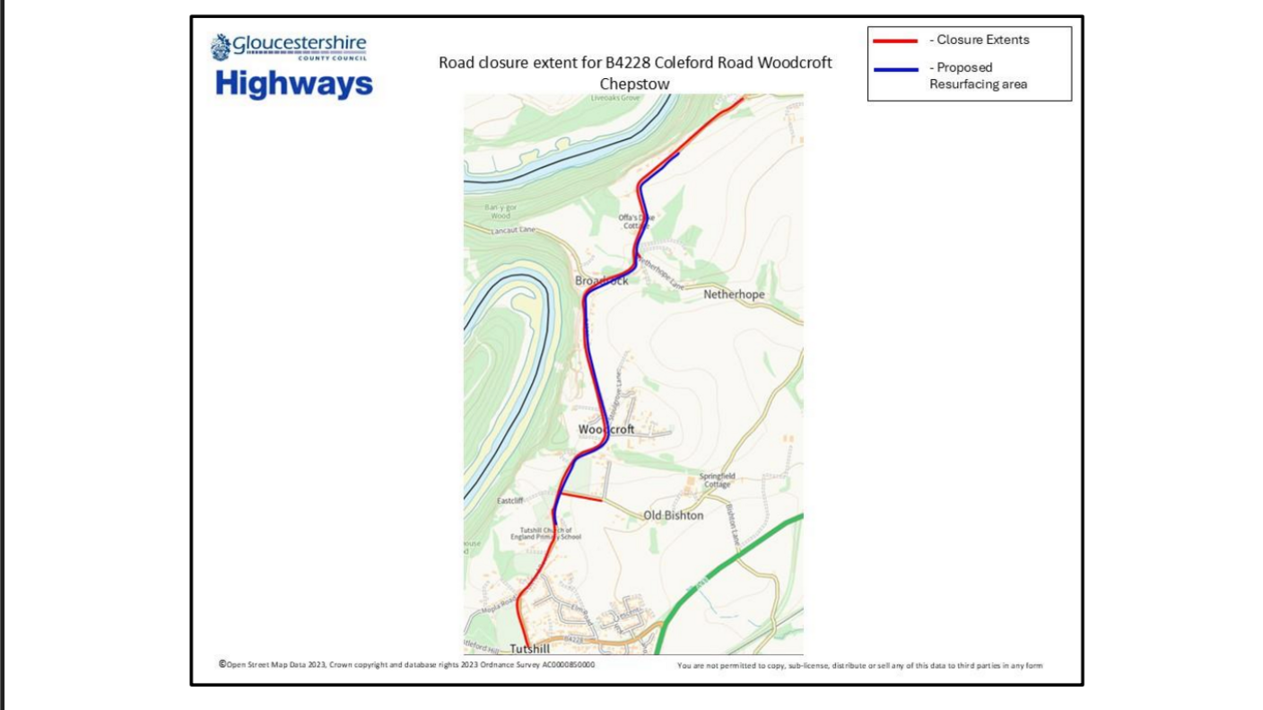 A map with Woodcroft in the centre. The two roads on either side of it are highlighted, one is blue and one is red, with the colours overlapping at points. The red key reads 'closure extents' while the blue key is for the 'proposed resurfacing area'. 