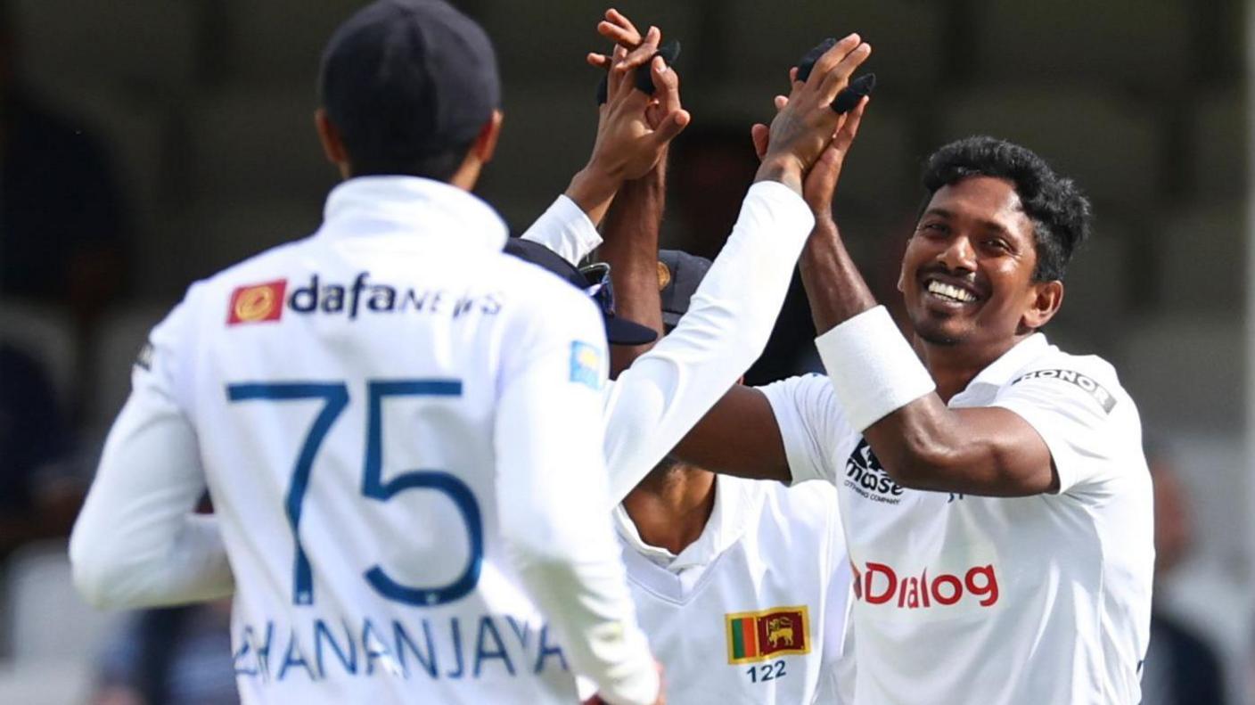 Vishwa Fernando celebrates a wicket against England at The Oval