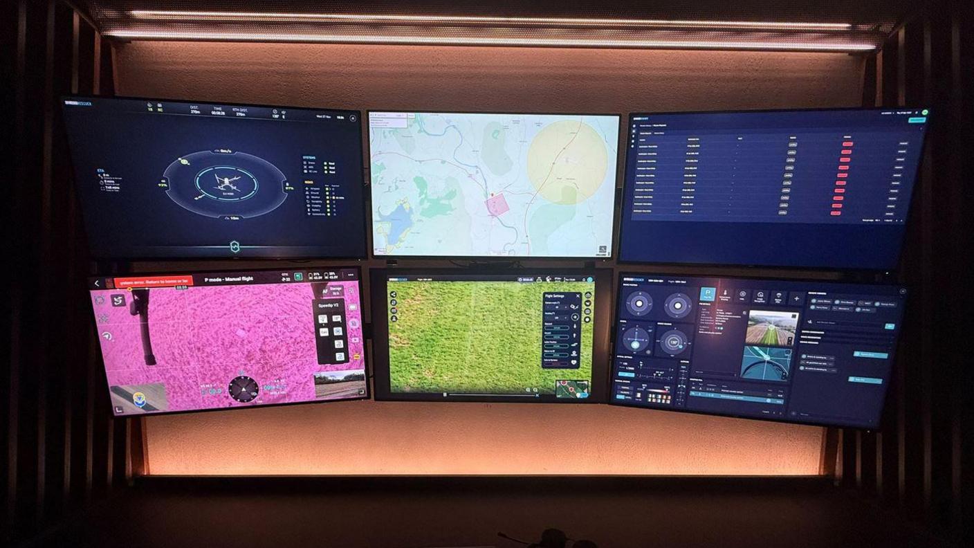 Six brightly-coloured display monitors showing a variety of information