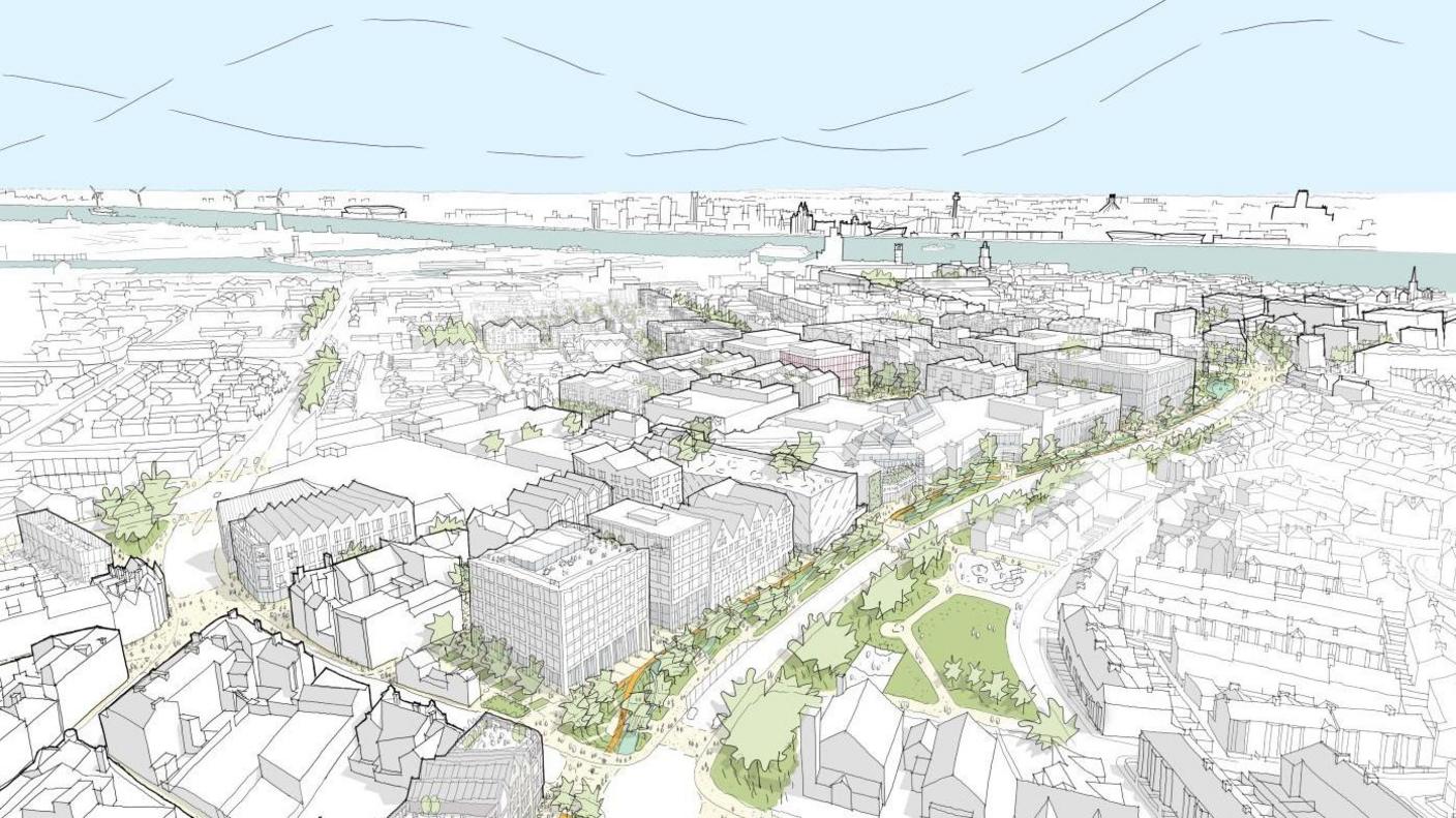 A computer-generated image of how a future Birkenhead could look with views across to the River Mersey