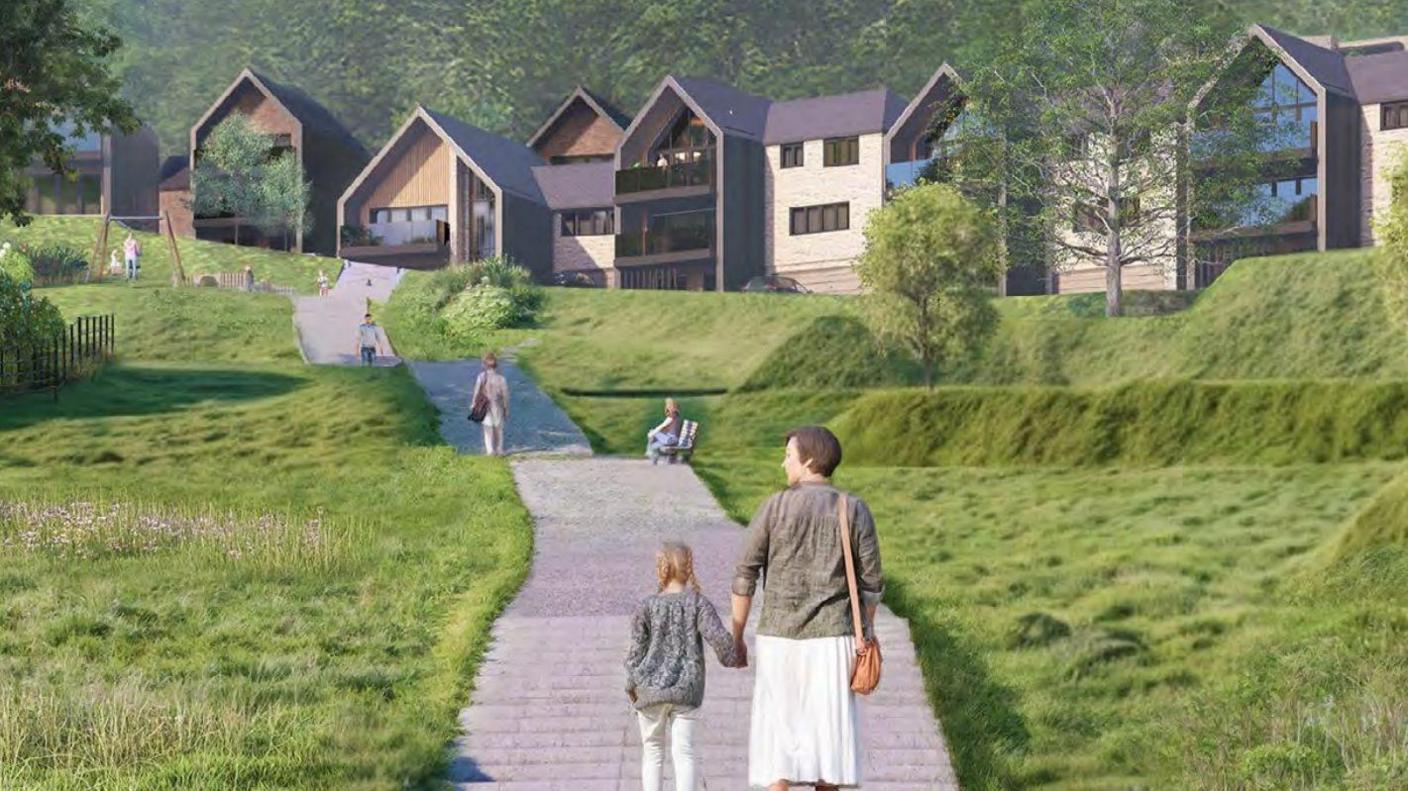 An artist's concept of the development showing modern houses and people walking up a long staircase with grass either side. 