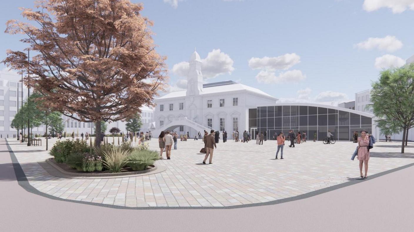 An artists impression of the new look Leicester Market with people milling in the open spaces outside a white building