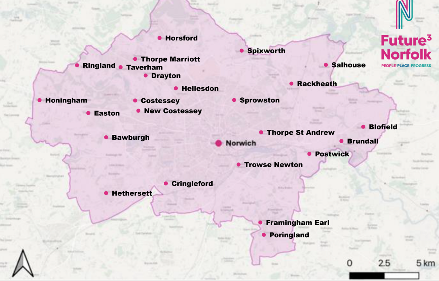 Map of Norfolk with the new greater Norwich authority shaded in. It extends from Blofield in the east to Honingham in the West