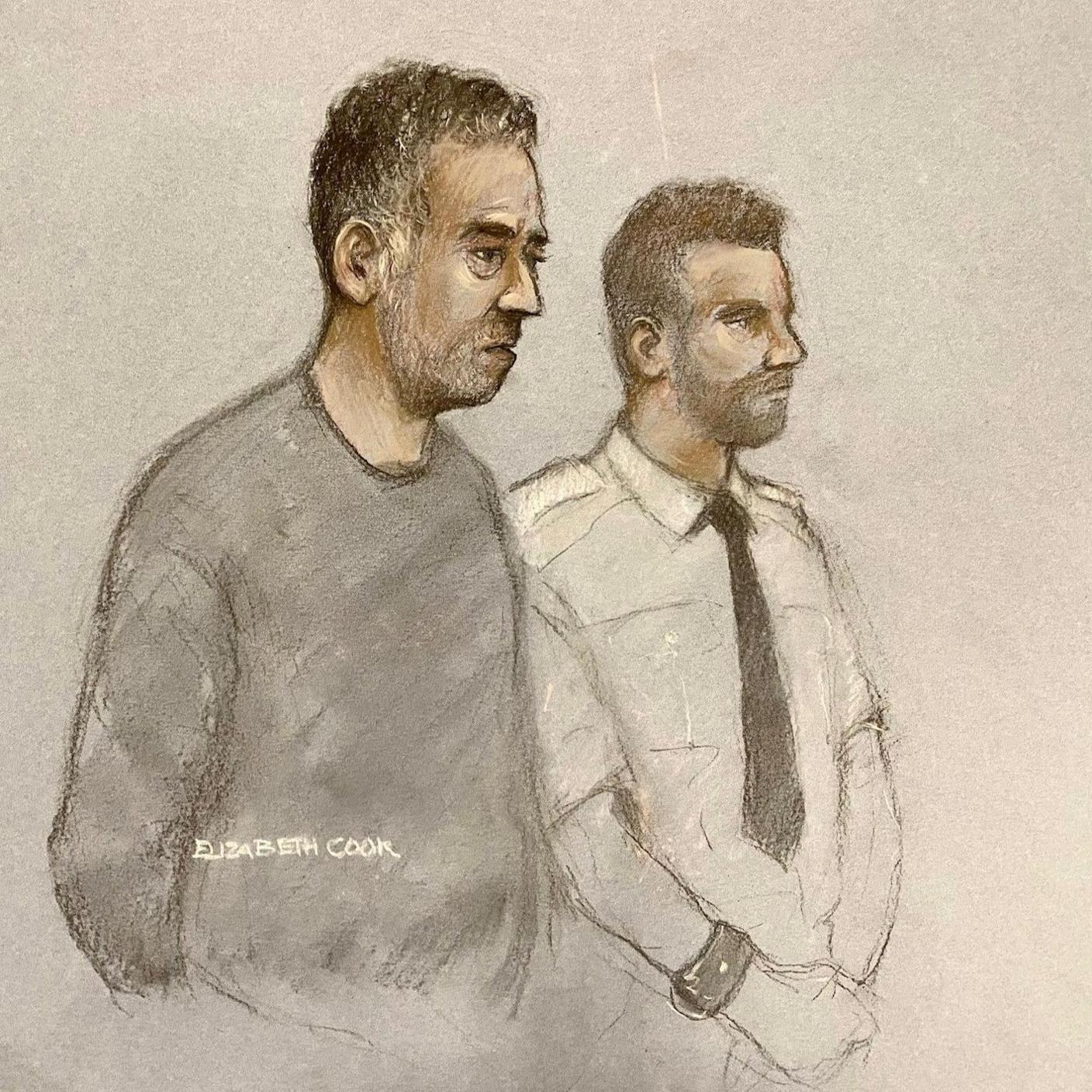 Court artist sketch by Elizabeth Cook of Paul Butler (left) appearing at Plymouth Magistrates' Court charged with the murder of Claire Chick. He is wearing a grey tracksuit and a prison officer is stood next to him.