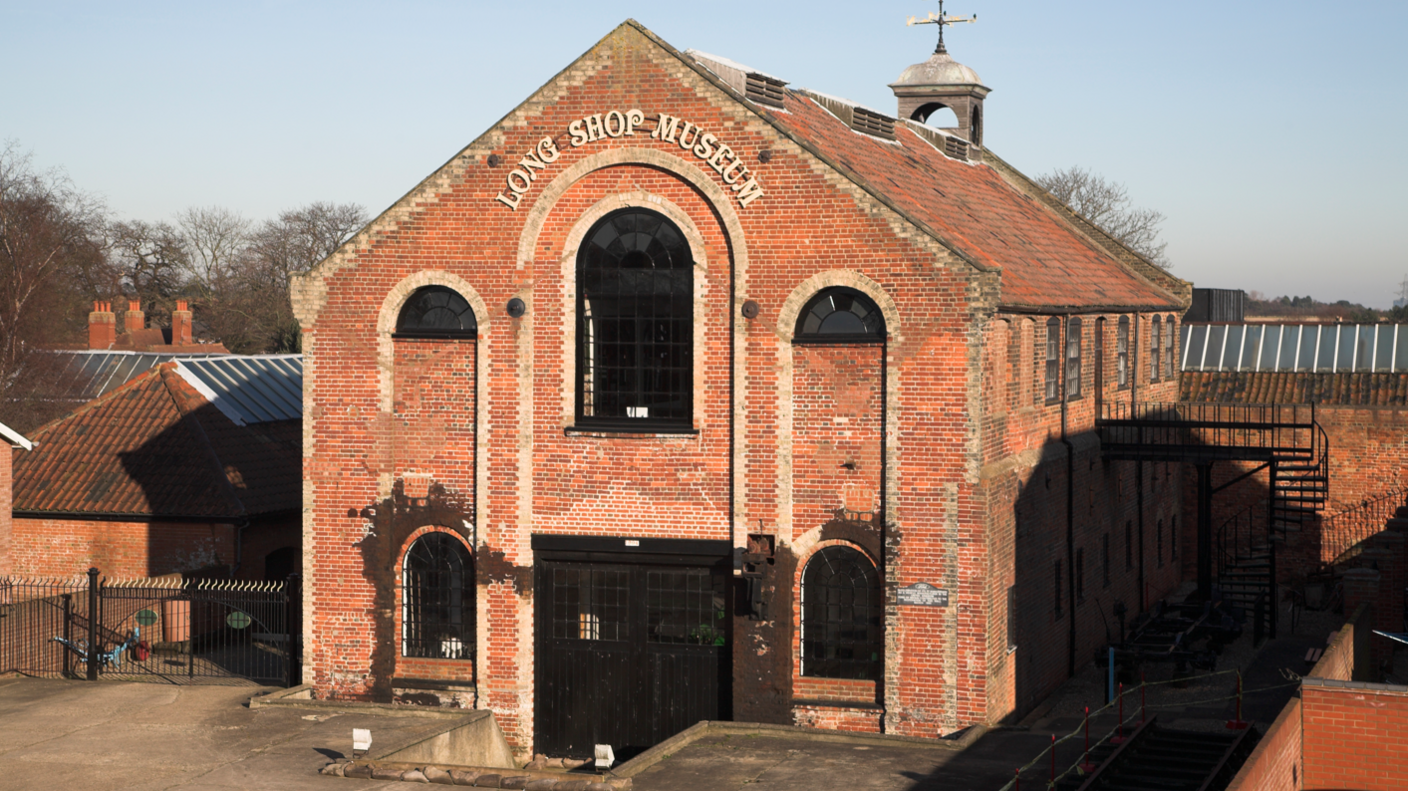 An image of the large red brick Long Shop Museum in Leiston 