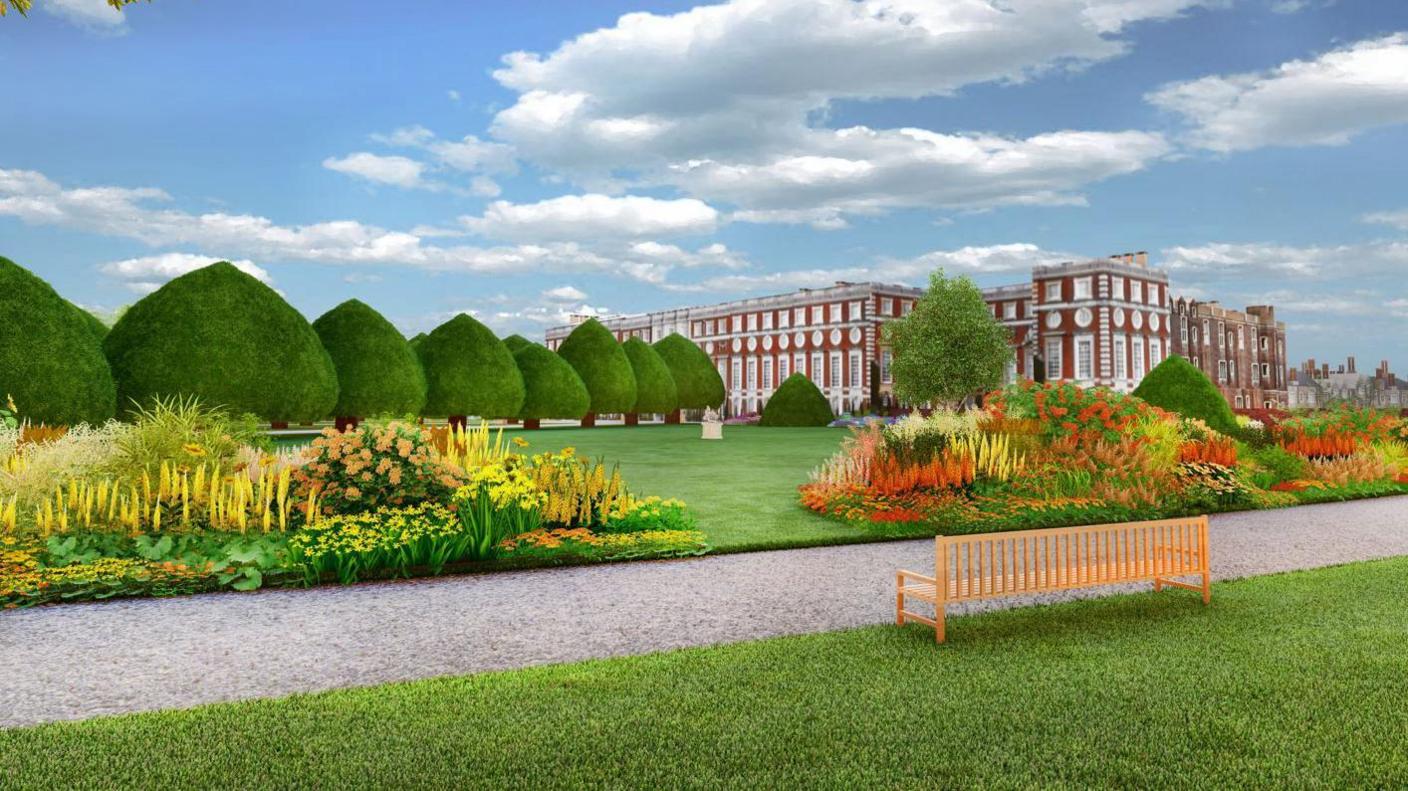 A computer-generated image of new flower beds in the garden.