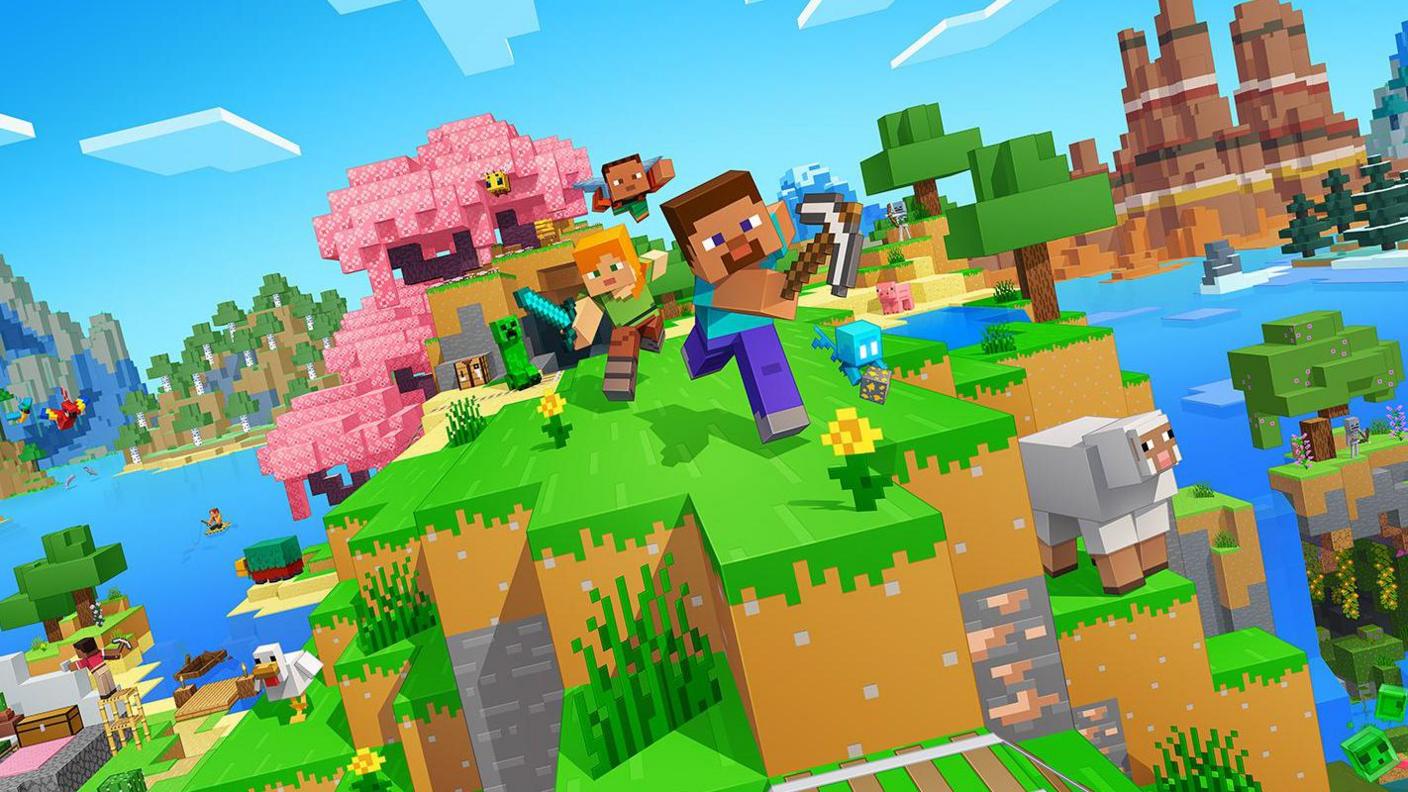 Minecraft characters run on a grassy hill surrounded by animals