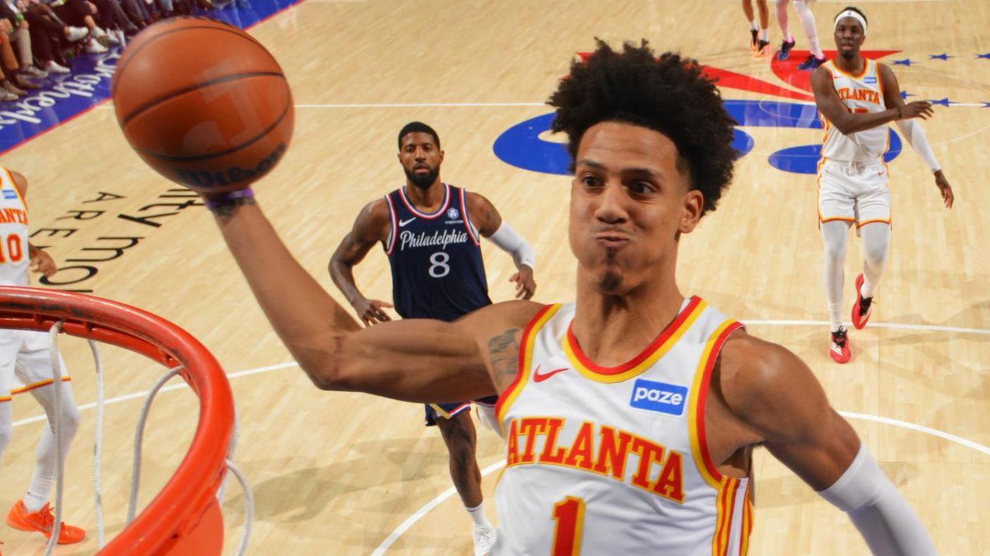 Jalen Johnson of the Atlanta Hawks dunks the ball during the game against the Philadelphia 76ers 