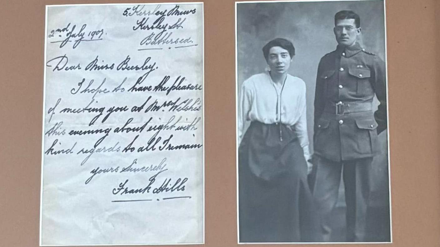 Snapshot images of postcards from Mr Hills, the image on the left shows his handwriting and on the right a black and white photograph of a man in military uniform standing next to a woman in a white blouse and long skirt with her hair tied back in a low bun