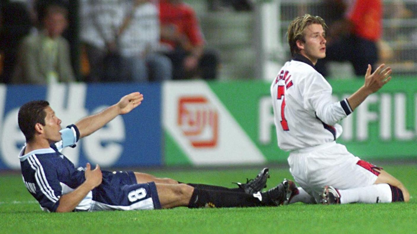 Former England captain David Beckham was sent off for kicking out at Argentina midfielder Diego Simeone at the 1998 World Cup