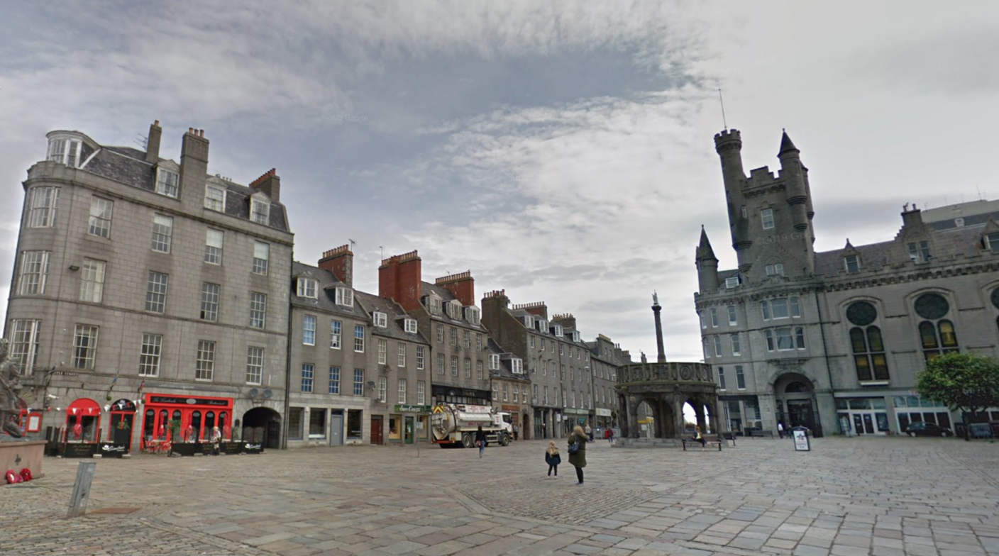 Aberdeen's historic Castlegate area, showing the Mercat Cross and Salvation Army Citadel