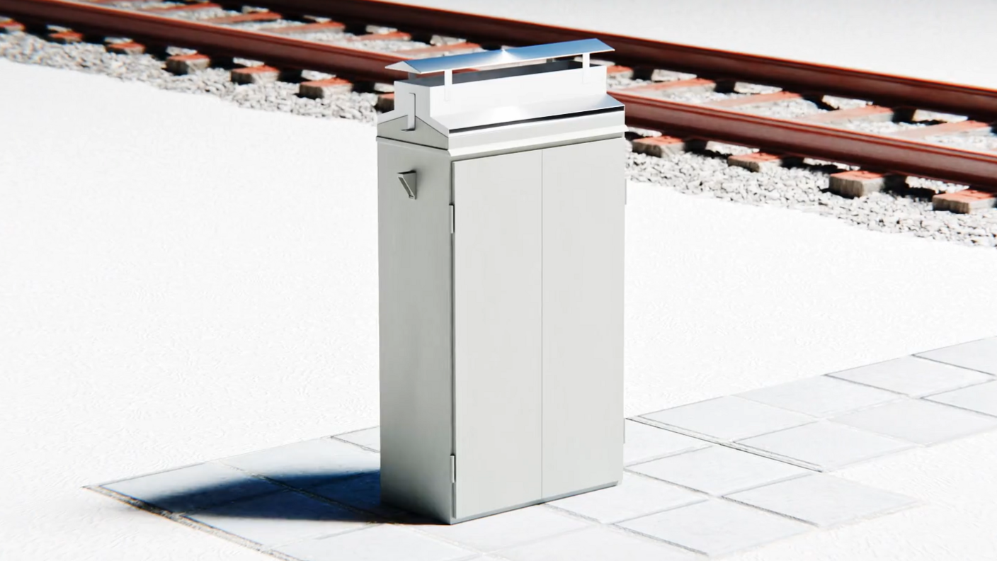 A computer-generated image of a signalling cabinet by the side of train tracks.