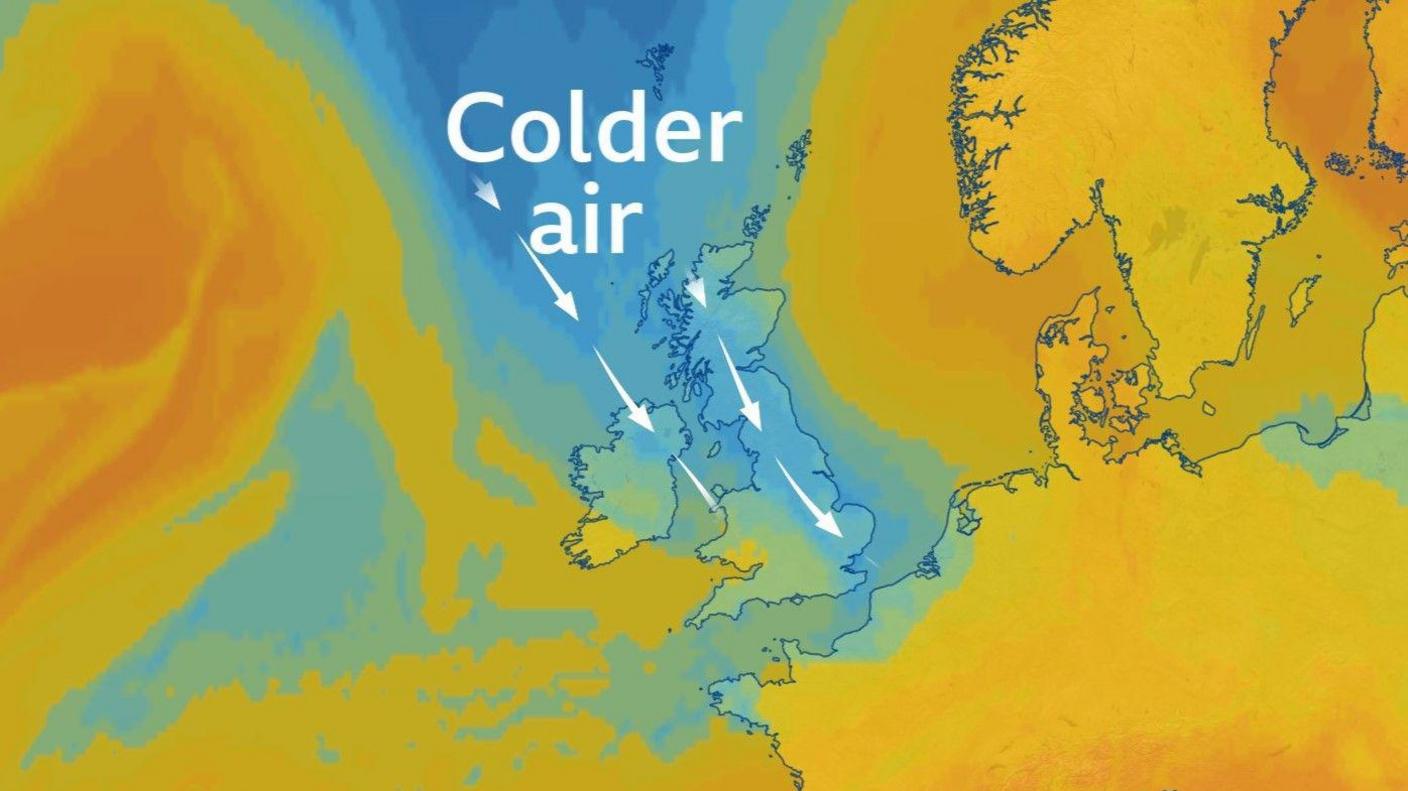 Airmass chart showing cold air (represented by the blue colours) spreading down from the arctic across the UK