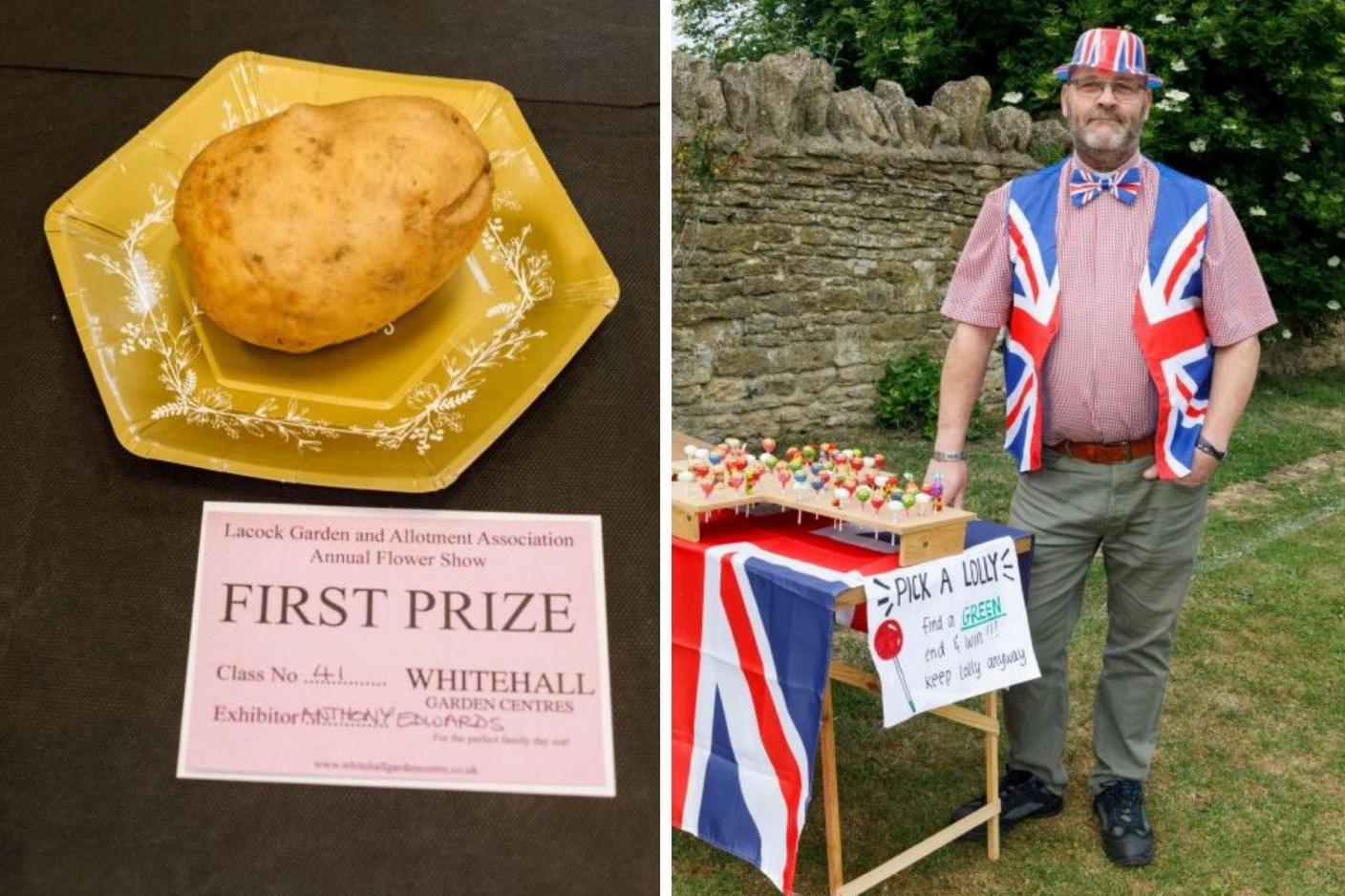 A potato on a yellow plate on the left, with a pink "first prize" card next to it. Next to it is an image of a man wearing a Union flag hat, bow tie and waistcoat standing next to a table with a "pick a lolly" game on it.