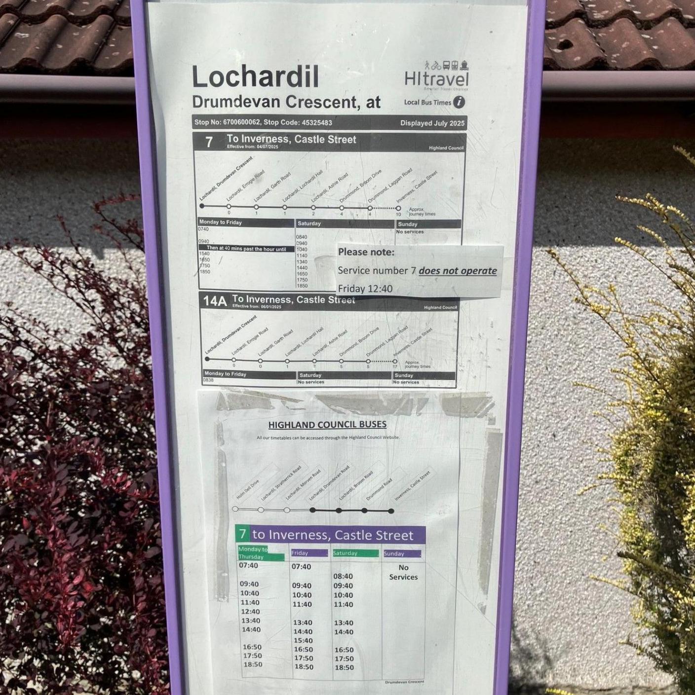 A bus timetable in Lochardil showing times of buses in the part of Inverness.