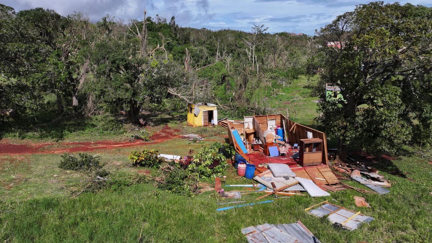 A drone view of debris and the remnants of damaged houses in the aftermath of Hurricane Beryl in St. Elizabeth Parish, Jamaica