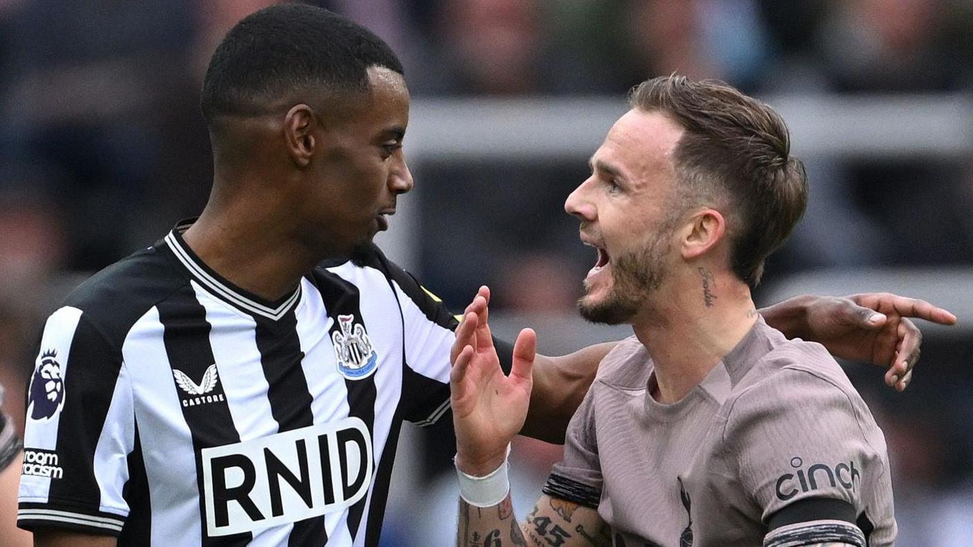 Newcastle's Alexander Isak and Tottenham's James Maddison exchange words during their Premier League match in Apri