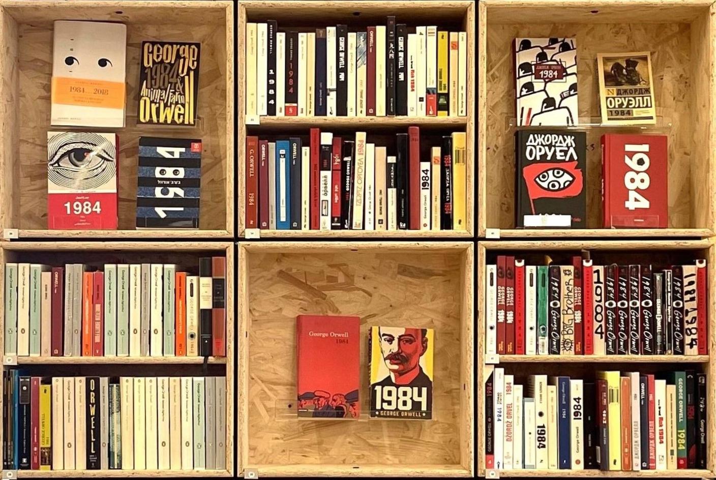 Book shelves containing different versions of the book Nineteen Eighty-four, by George Orwell