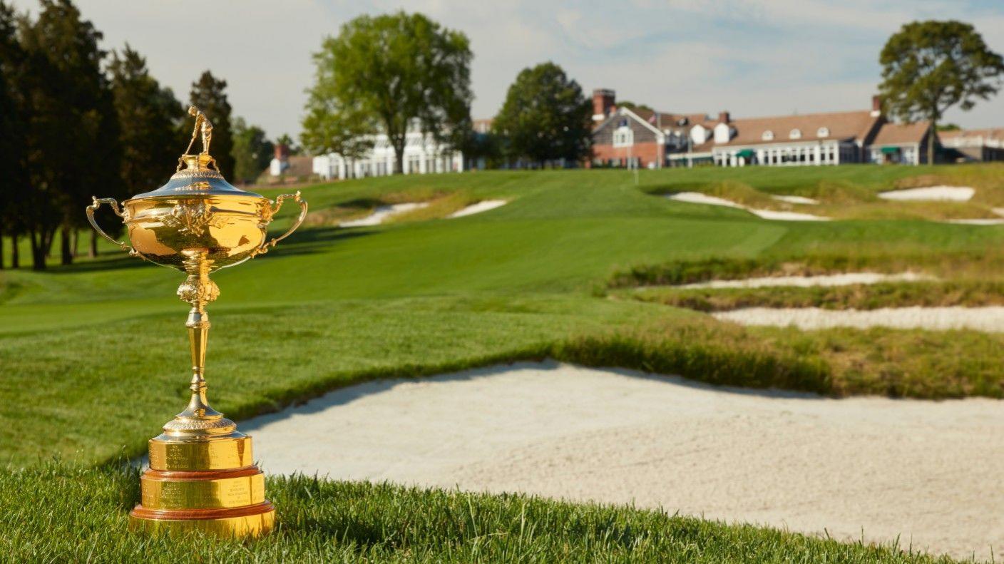 The Ryder Cup trophy on the 18th fairway at Bethpage Black