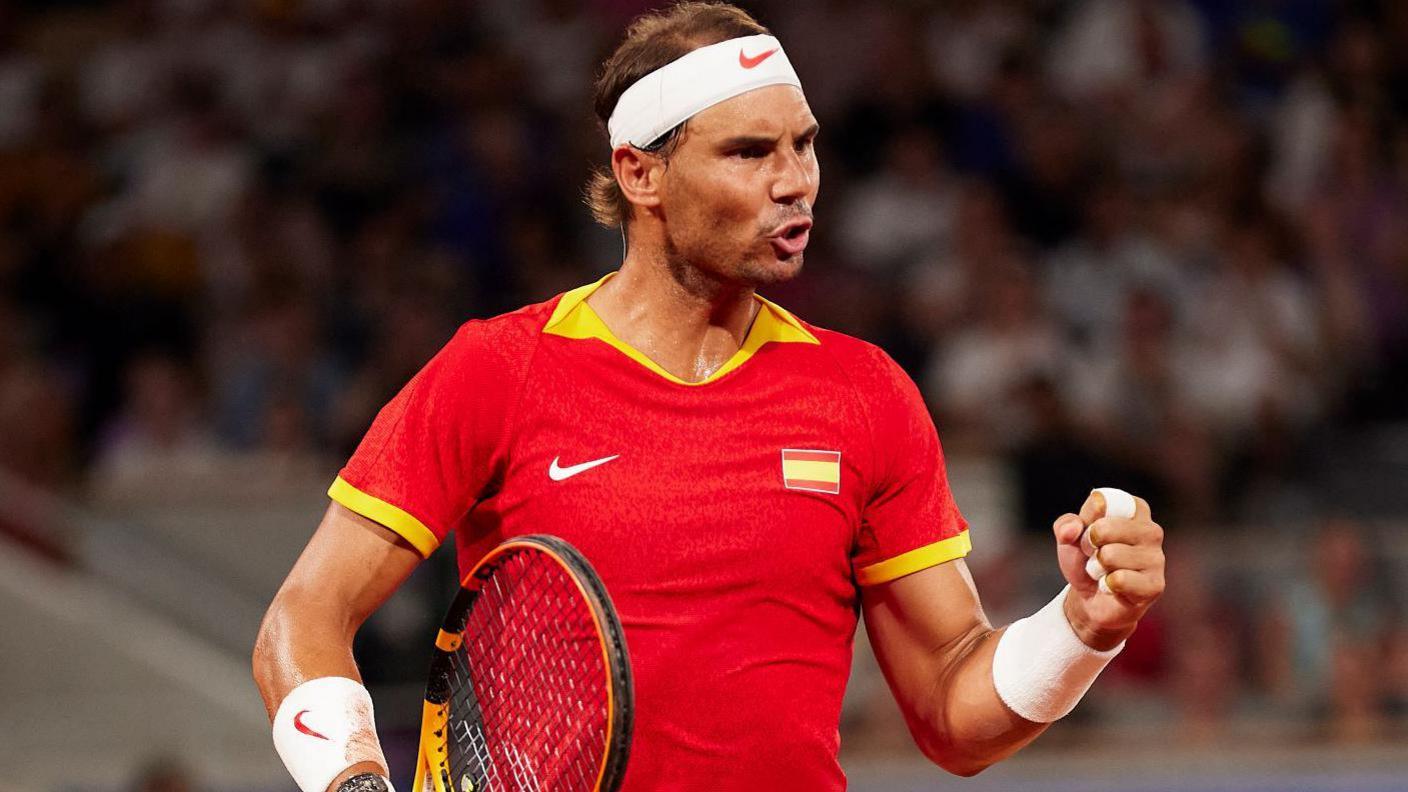 Rafael Nadal celebrates winning a point at the Paris 2024 Olympics