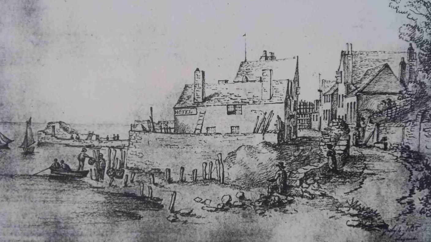 A black and white sketch of The Cobb in Lyme Regis after the 1824 storm. In the foreground on the shoreline are the ruins of a house. To the left is what remains of the harbour wall with a section of it reduced to rubble.