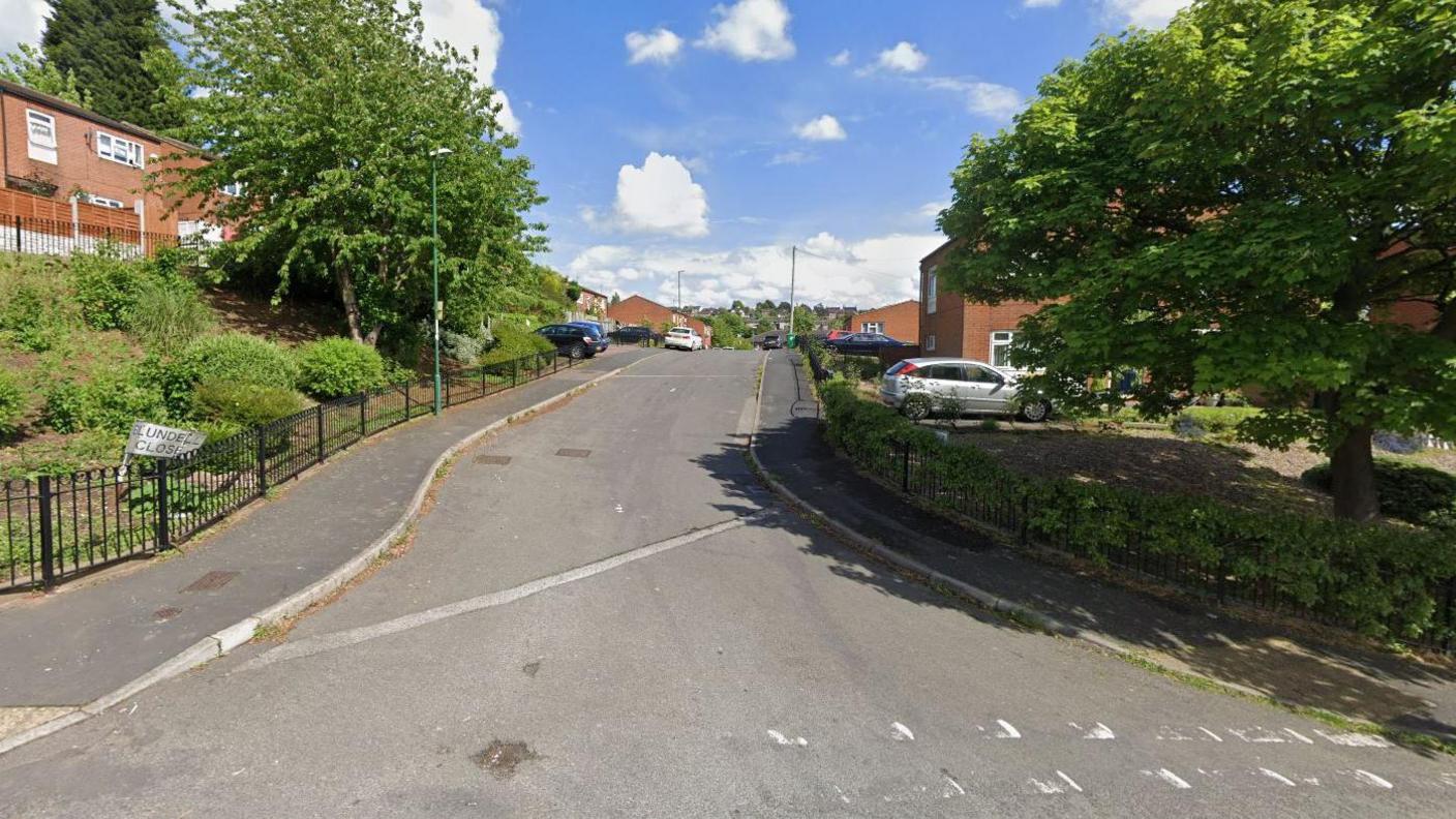 A street view of Blundell Close, in St Ann’s. In the centre of the photo is a road and there is a black fence running along the left side of the road next to some grass verges. In the background on either side of the road are houses and a few cars are parked on drives 