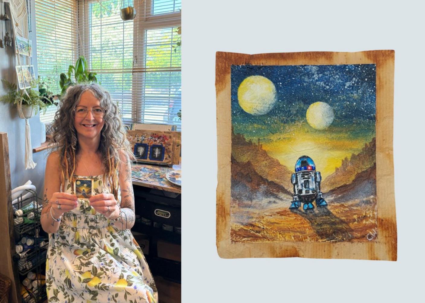 Caroline West, artist with her tiny art creations
