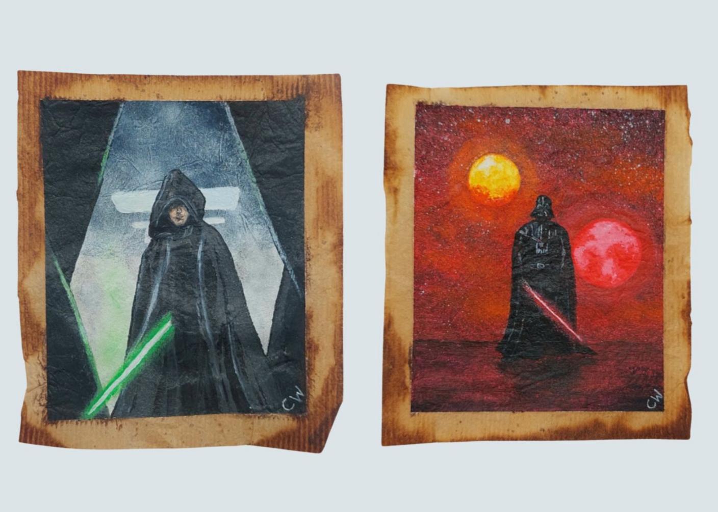 Image of Luke Skywalker (left) and Darth Vader (right) made from tea bags.