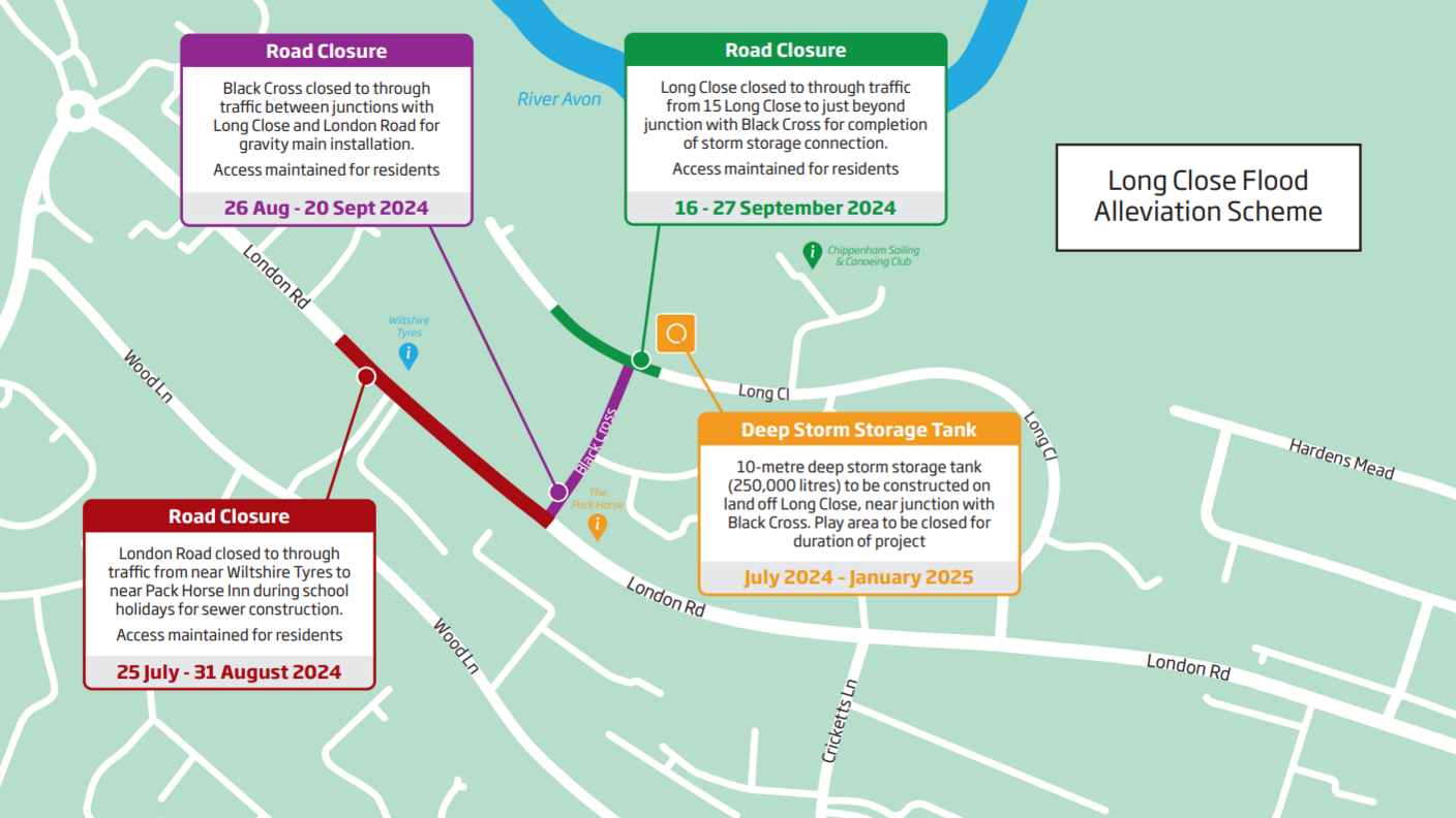 A simple map with text boxes to show where road closures are