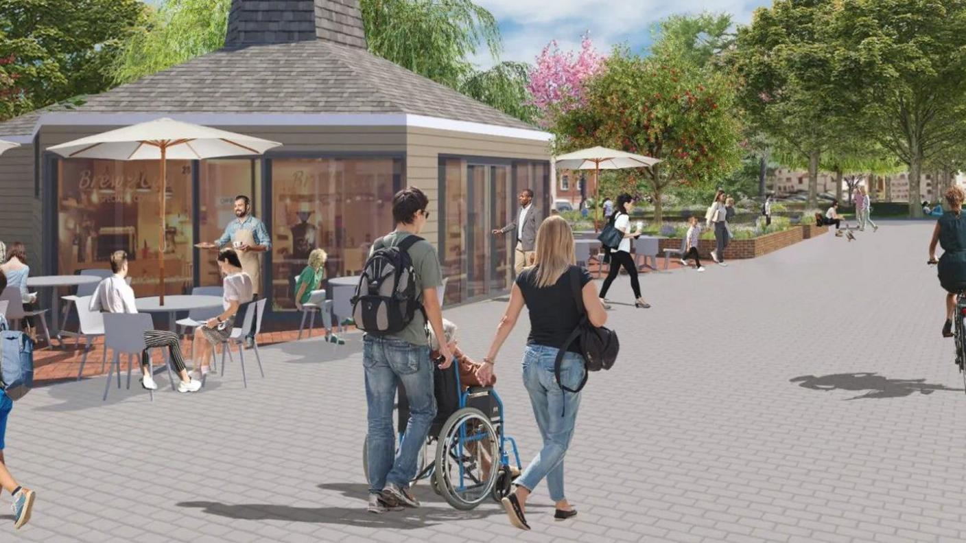 Artist's impression of what the cafe will look like following the renovation. It has large glass panels and a seating area outside with umbrellas. There area  also a number of people in the shot, along with trees in the background.