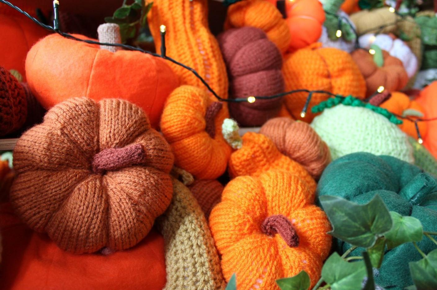 Dozens of handmade knitted pumpkins and seasonal autumnal vegetables.