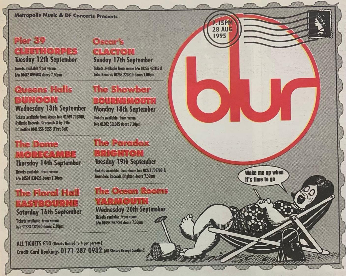 An advert for the seaside tour is made to look like a postcard, with a picture of a stamp in the top right corner. An illustration of a woman on a deckchair is in the bottom right, with a speech bubble saying 'wake me up when it's time to go'. There's a large Blur logo in the top right, and then the dates on the left (Cleethorpes, Dunoon, Morecambe, Eastbourne, Clacton, Bournemouth, Brighton, Yarmouth)