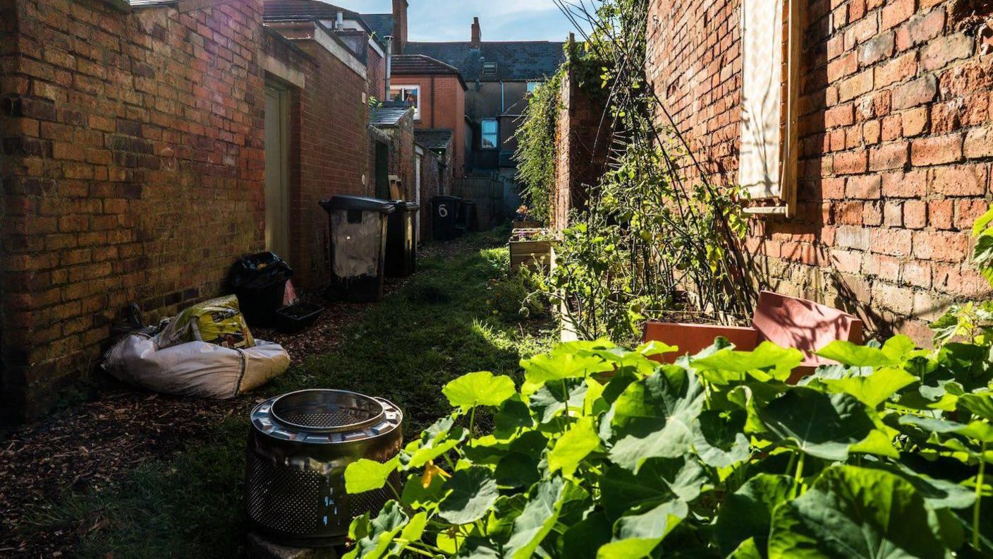 An alleyway that has overgrown weeds, bins and rubbish along the sides. The walls are traditional red brick.