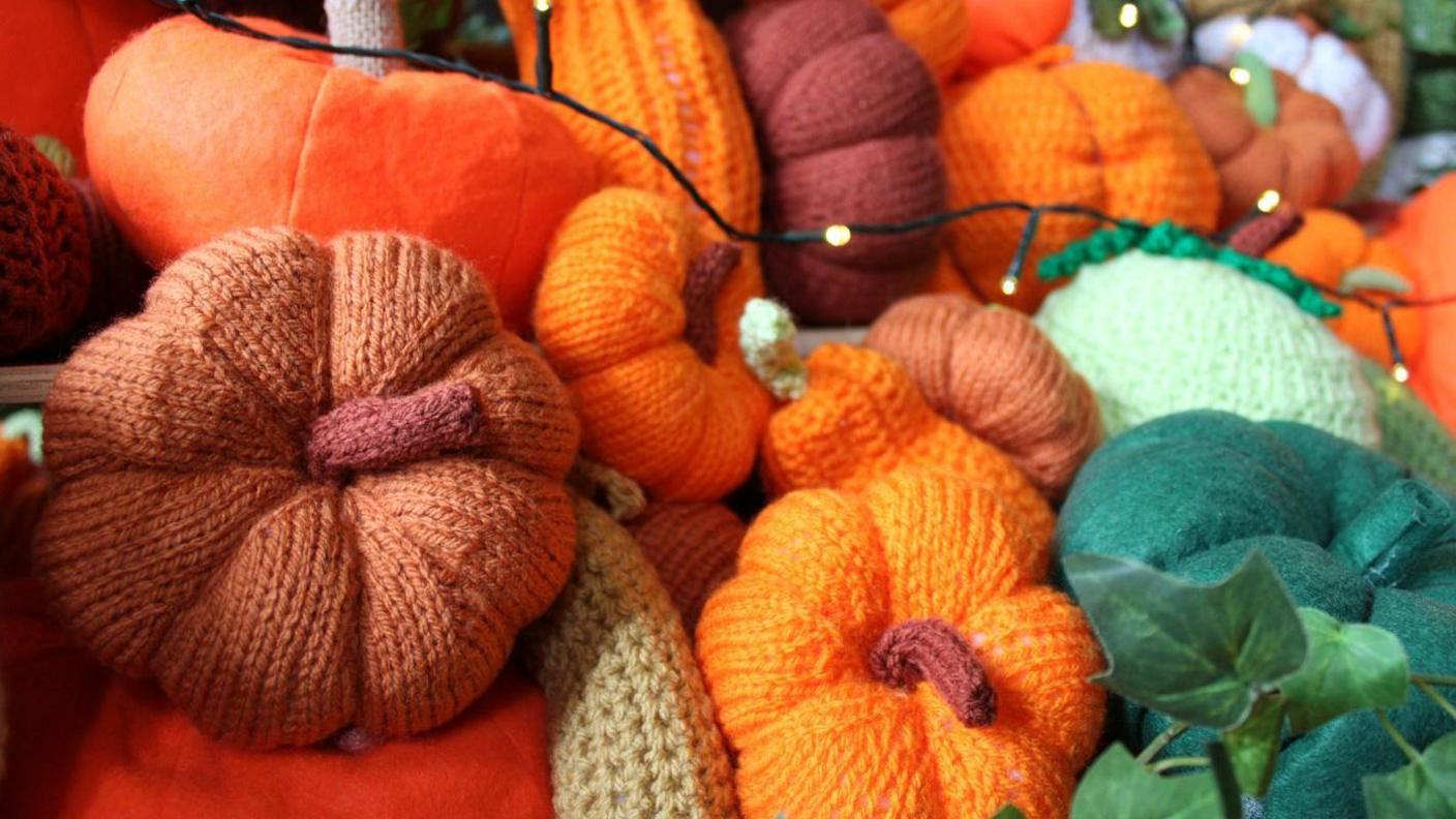 Dozens of colourful knitted pumpkins.