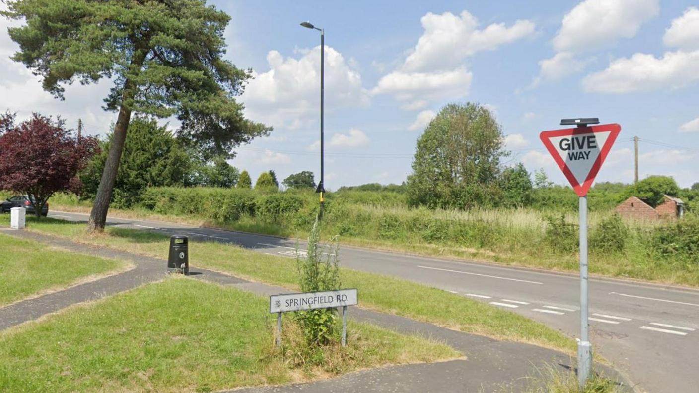 A road lined with trees and bushes. Another road, also lined with greenery, joins it at a junction.
